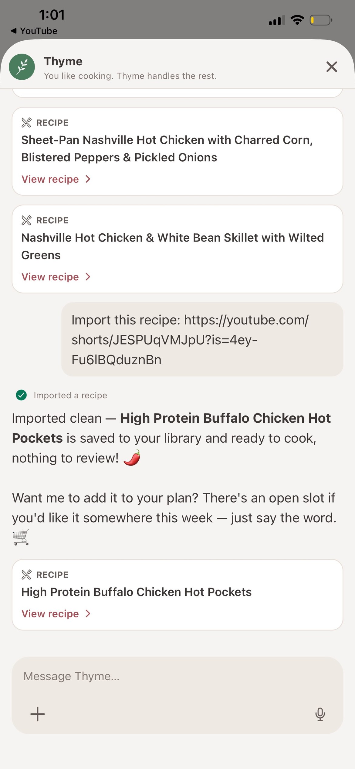 Sharing a YouTube recipe video to Thyme, which imports it as a recipe in the library.