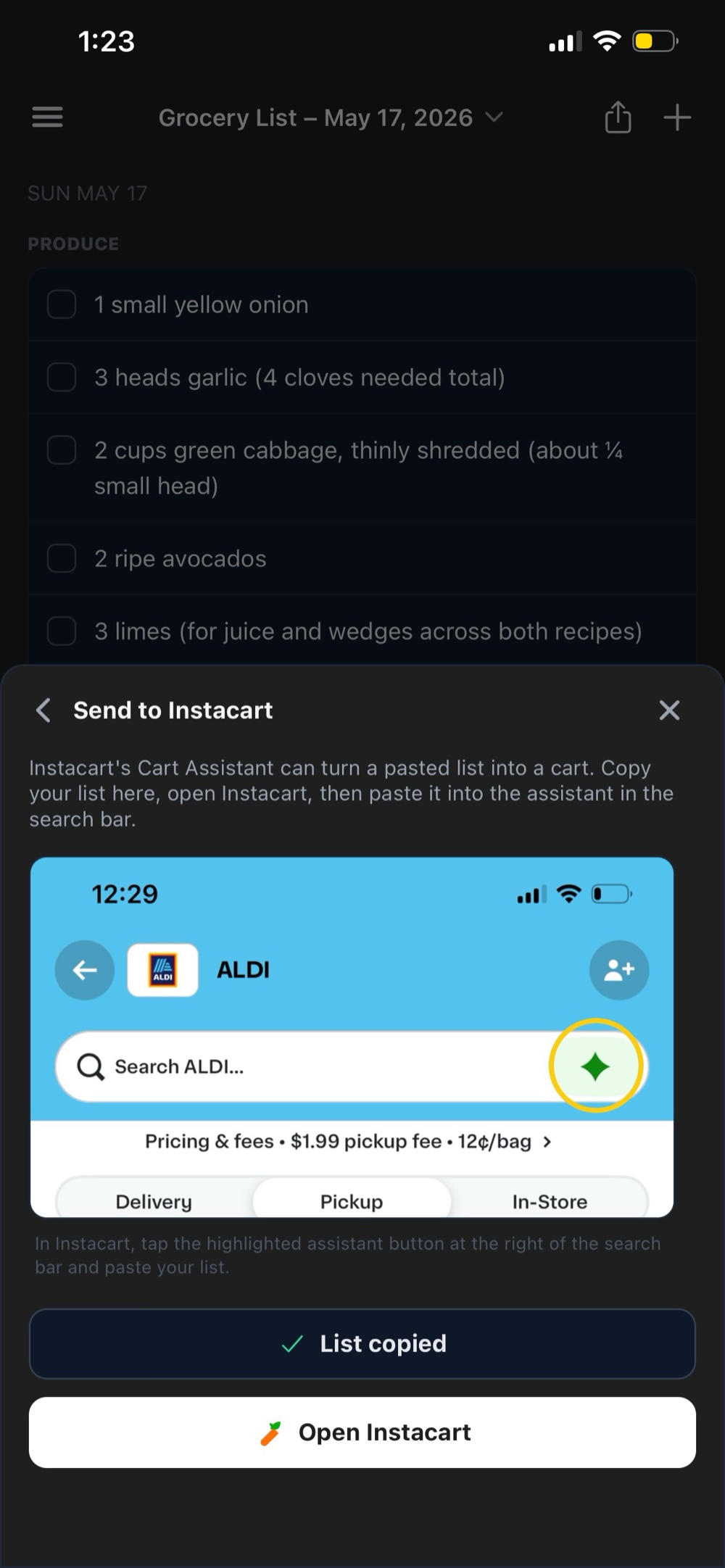 Sending a weekly grocery list to Instacart from the app.