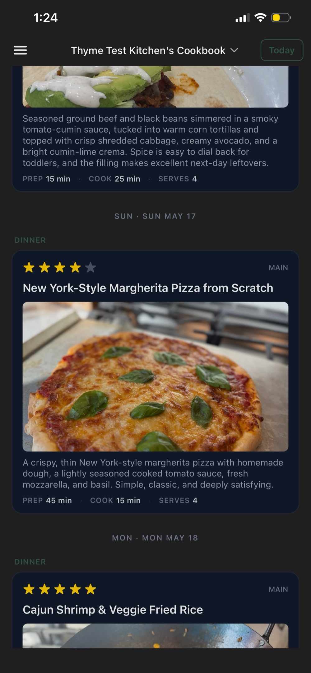 A cookbook library of recipe cards with photos, ratings, and cook times.
