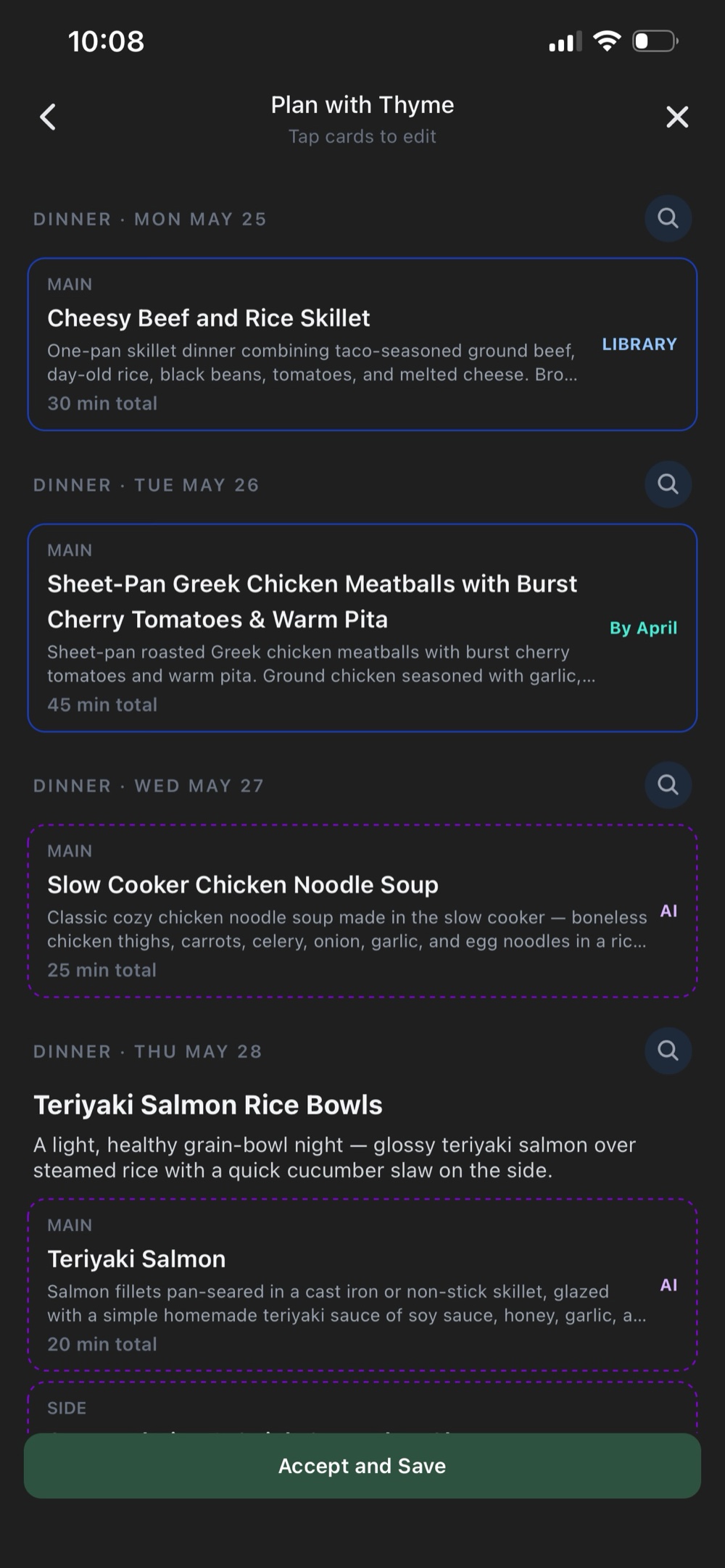 A generated week of dinners with cook times and recipe sources.