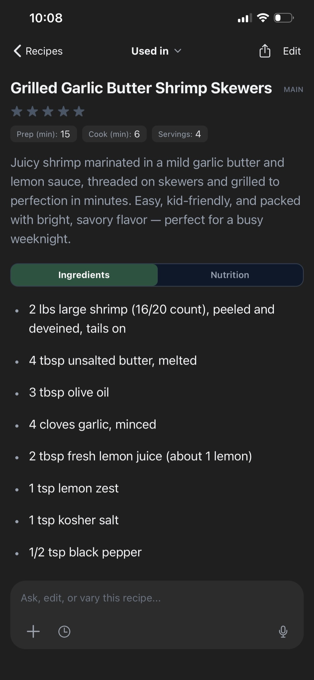 A recipe detail screen with an "ask, edit, or vary this recipe" prompt bar.